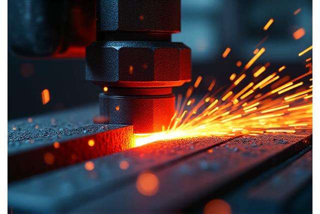 Forging machine creating a high-performance racing component, sparks flying